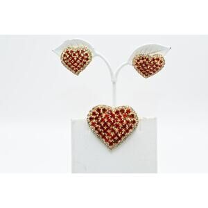 Vintage Red Rhinestone Heart Brooch & Clip Earrings Set Gold Tone